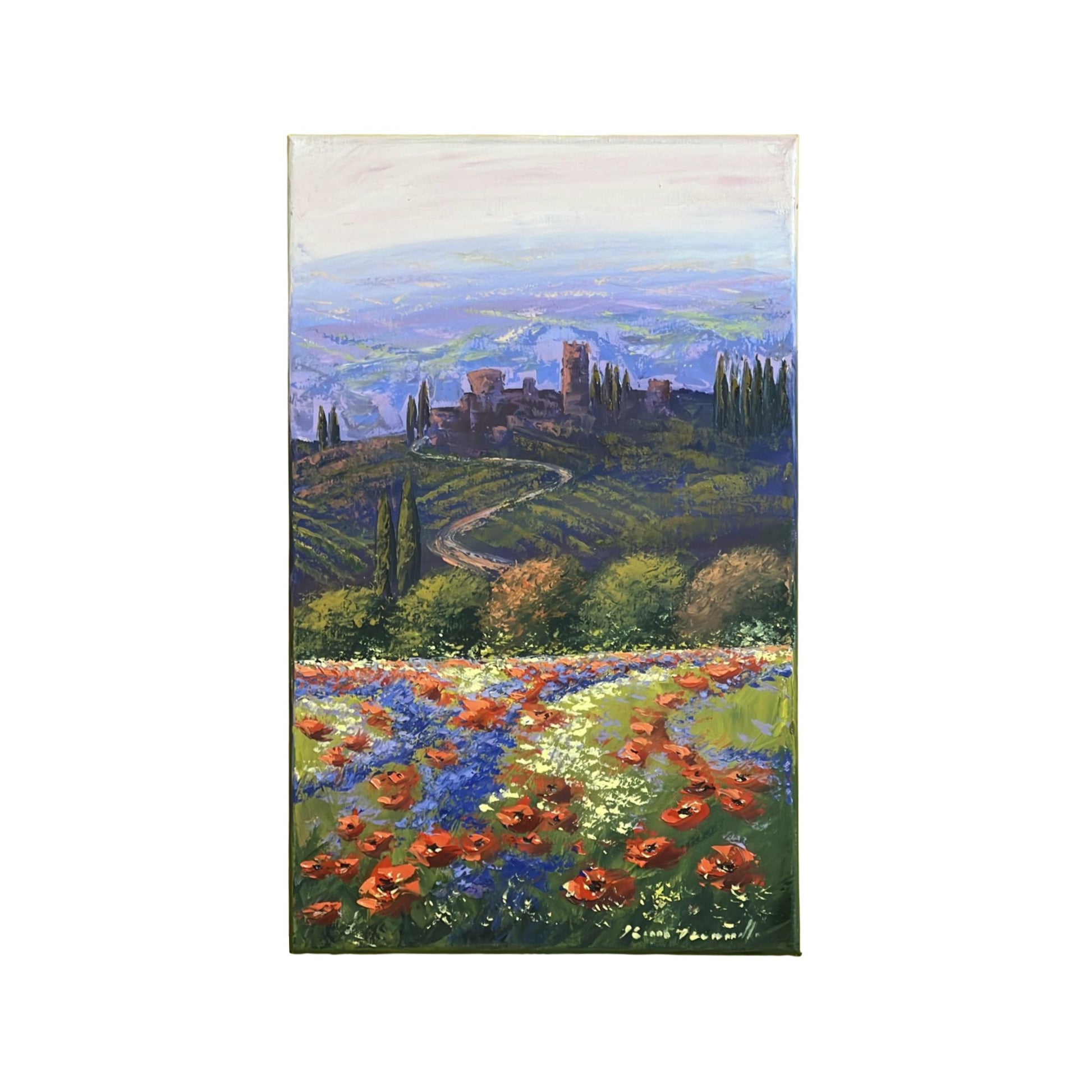 Hand-painted on canvas depicting a Tuscan landscape with village