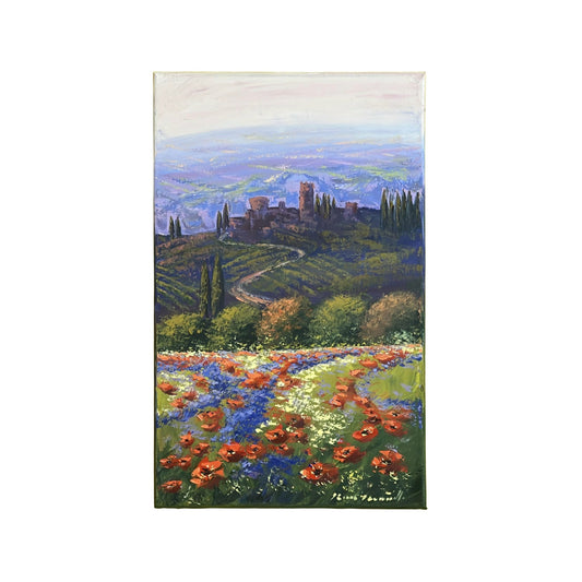 Hand-painted on canvas depicting a Tuscan landscape with village