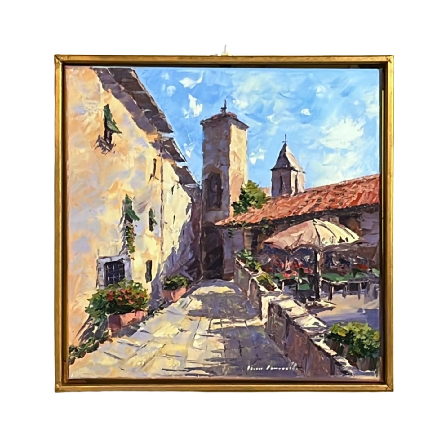 Hand-painted on canvas depicting a Tuscan landscape with village