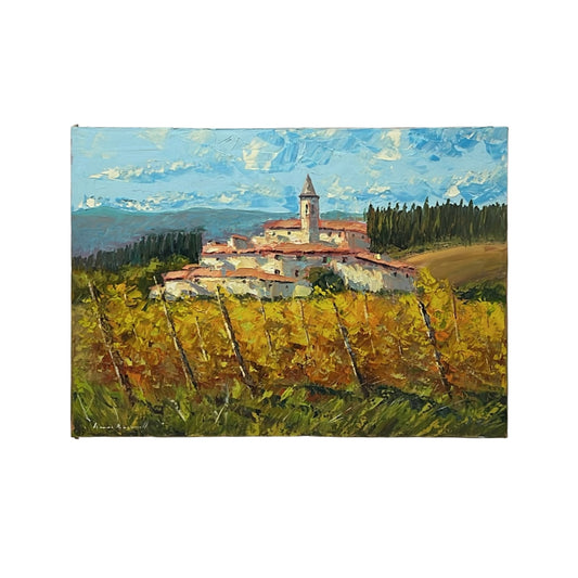 Hand-painted on canvas depicting a Tuscan landscape with Village