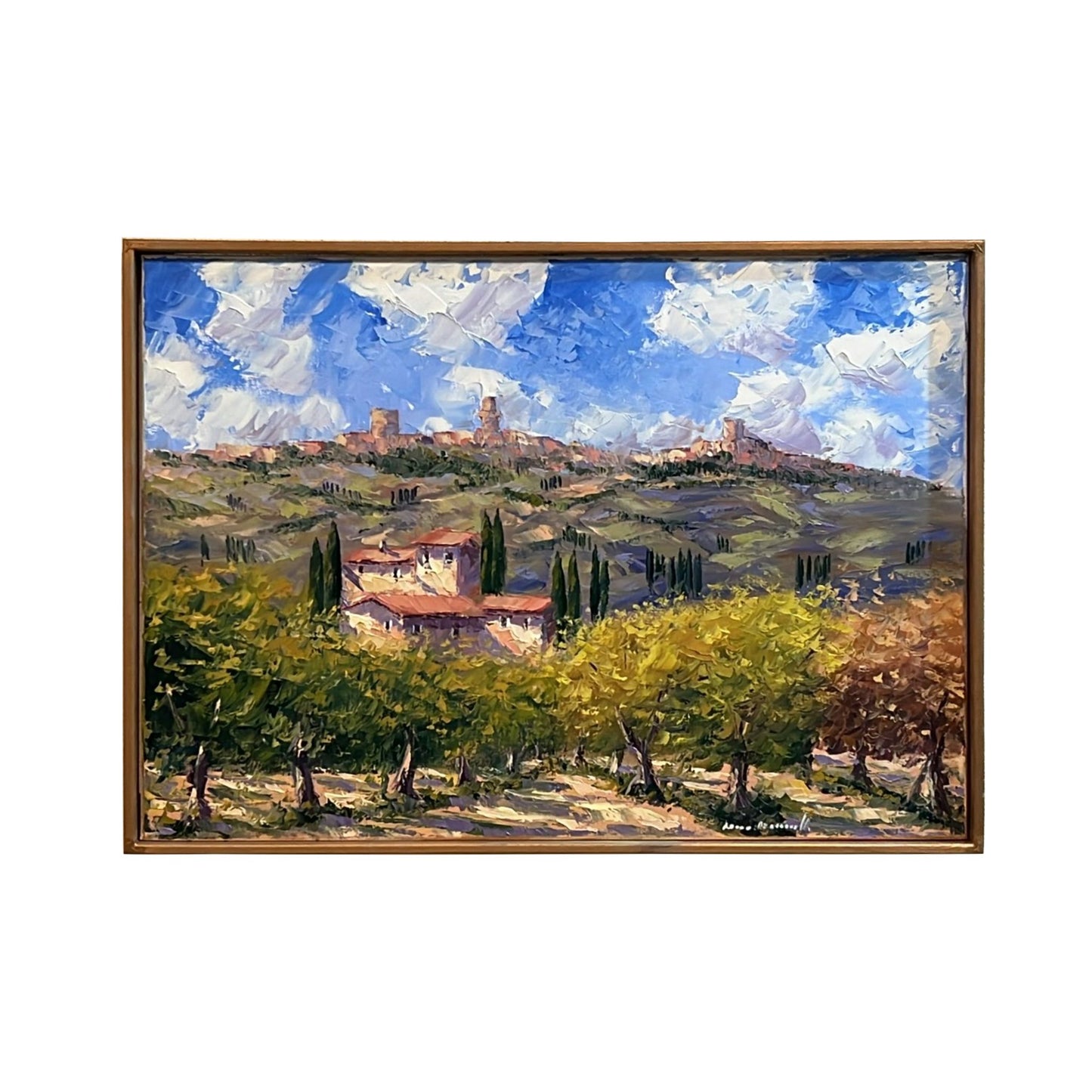 Hand-painted on canvas depicting a Tuscan landscape with Village