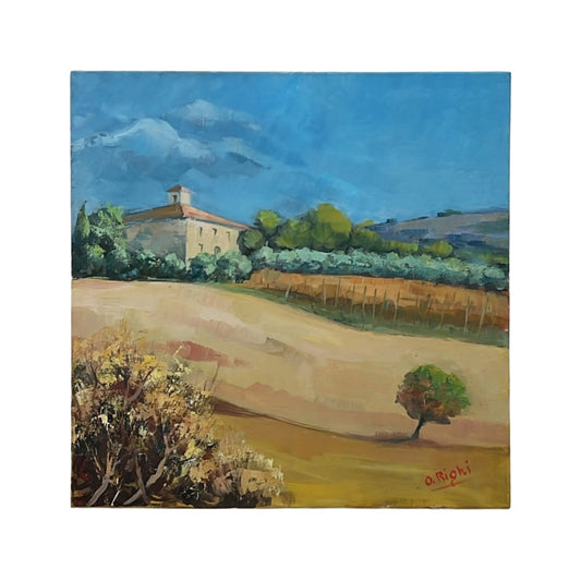 Hand-painted on canvas depicting a Tuscan landscape with Vineyard