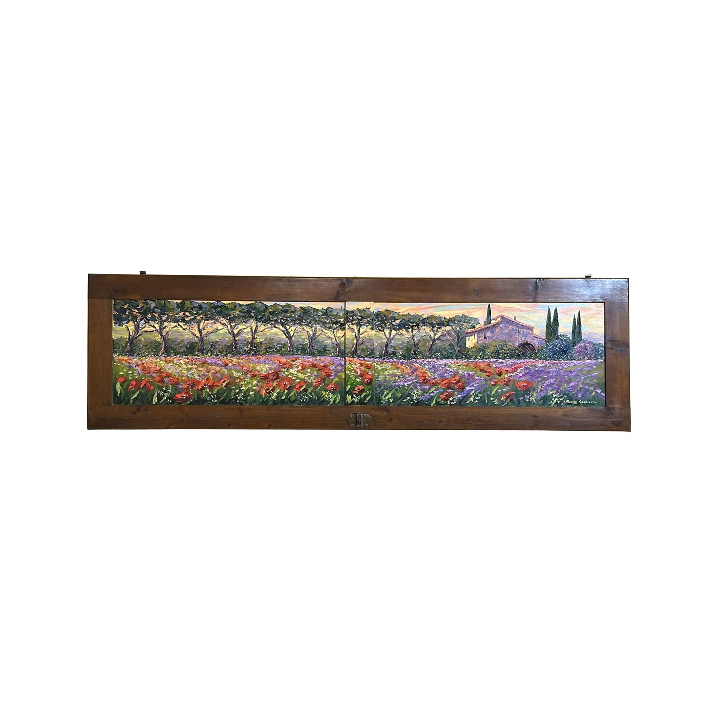 Hand-painted on wooden shutter depicting a Tuscan landscape with flowers