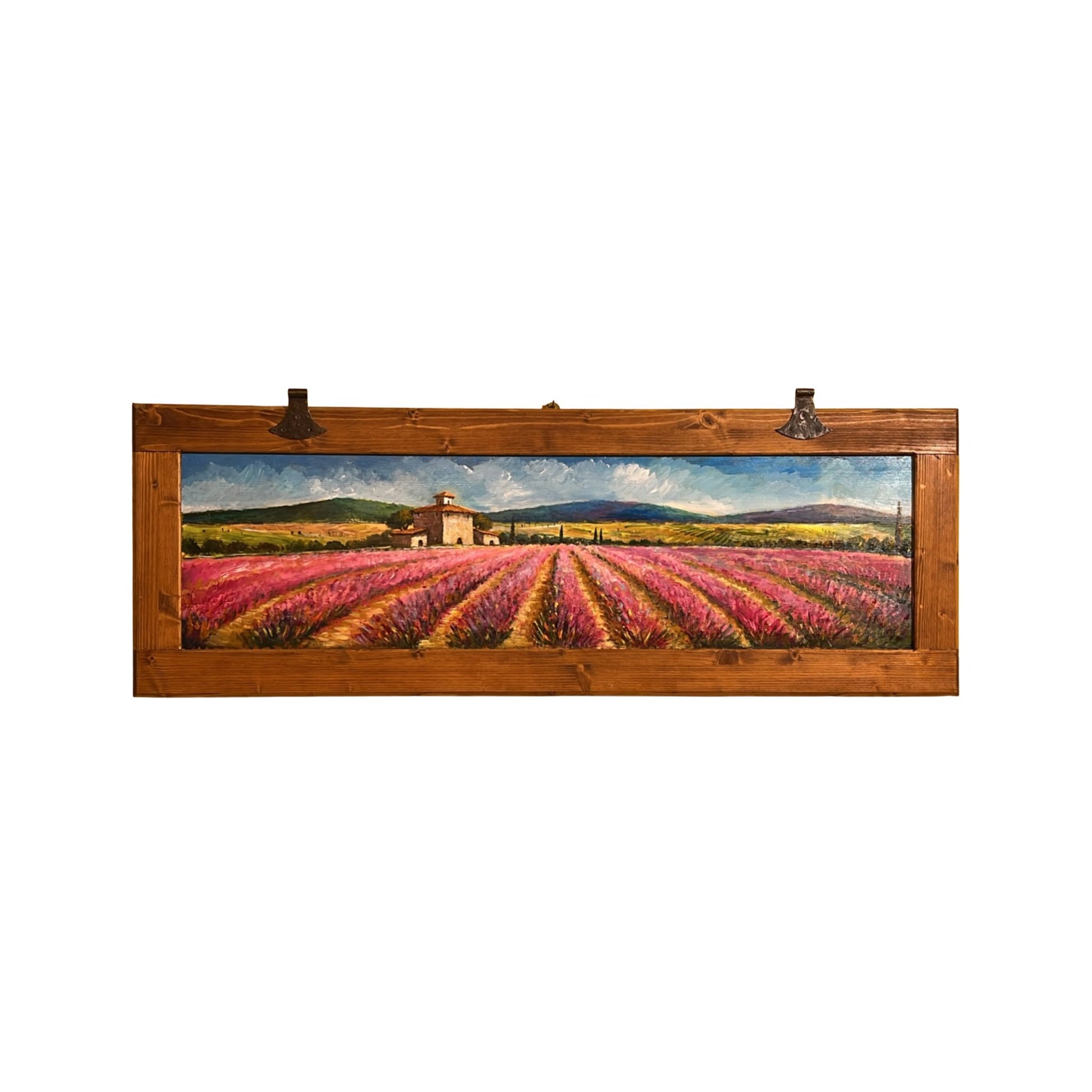 Hand-painted on wooden shutter depicting a Tuscan landscape with lavander