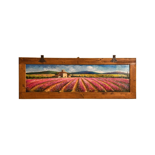 Hand-painted on wooden shutter depicting a Tuscan landscape with lavander
