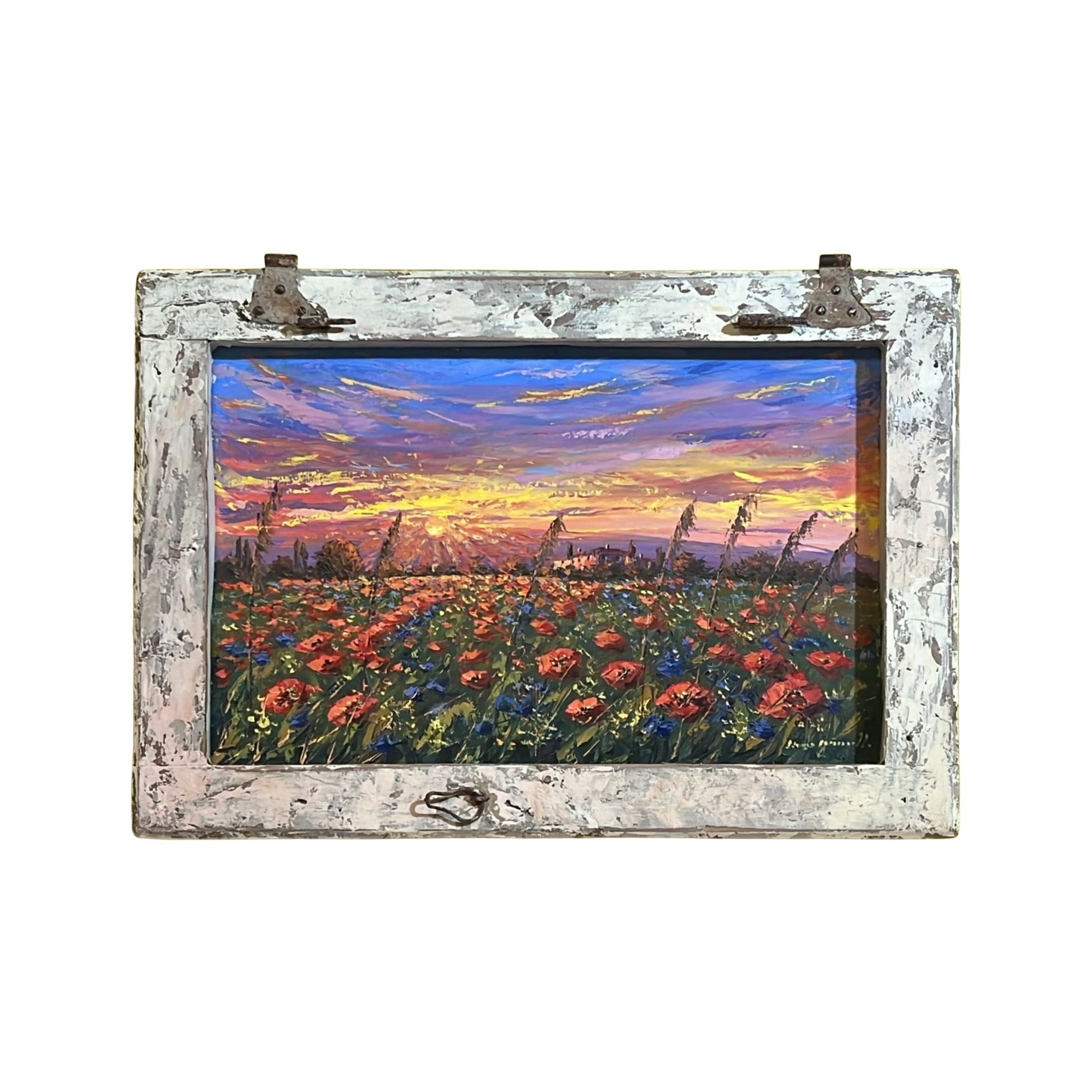 Hand-painted on wooden shutter depicting a Tuscan landscape with poppies