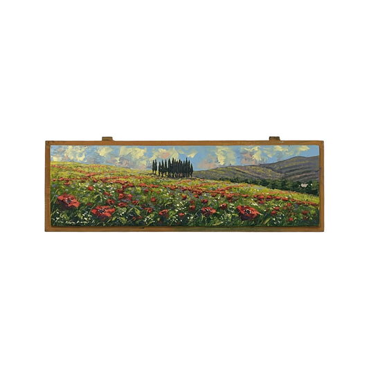 Hand-painted Tuscan Landscape on Wooden Shutter - Poppies - 76x25cm
