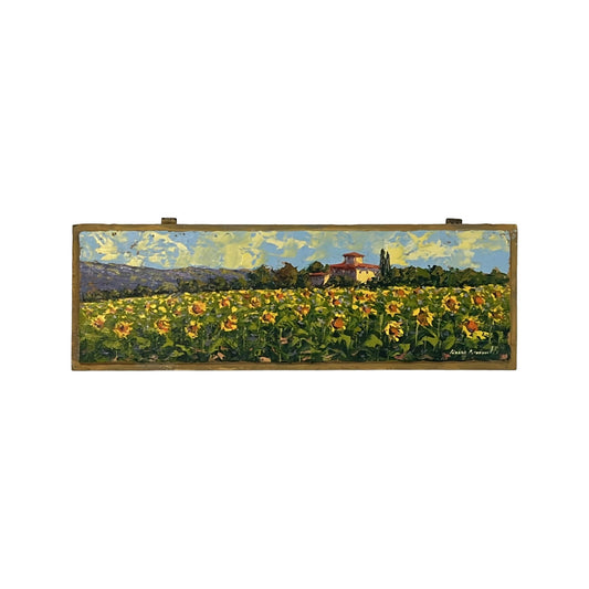 Hand-painted Tuscan Landscape on Wooden Shutter - Sunflowers - 76x25cm