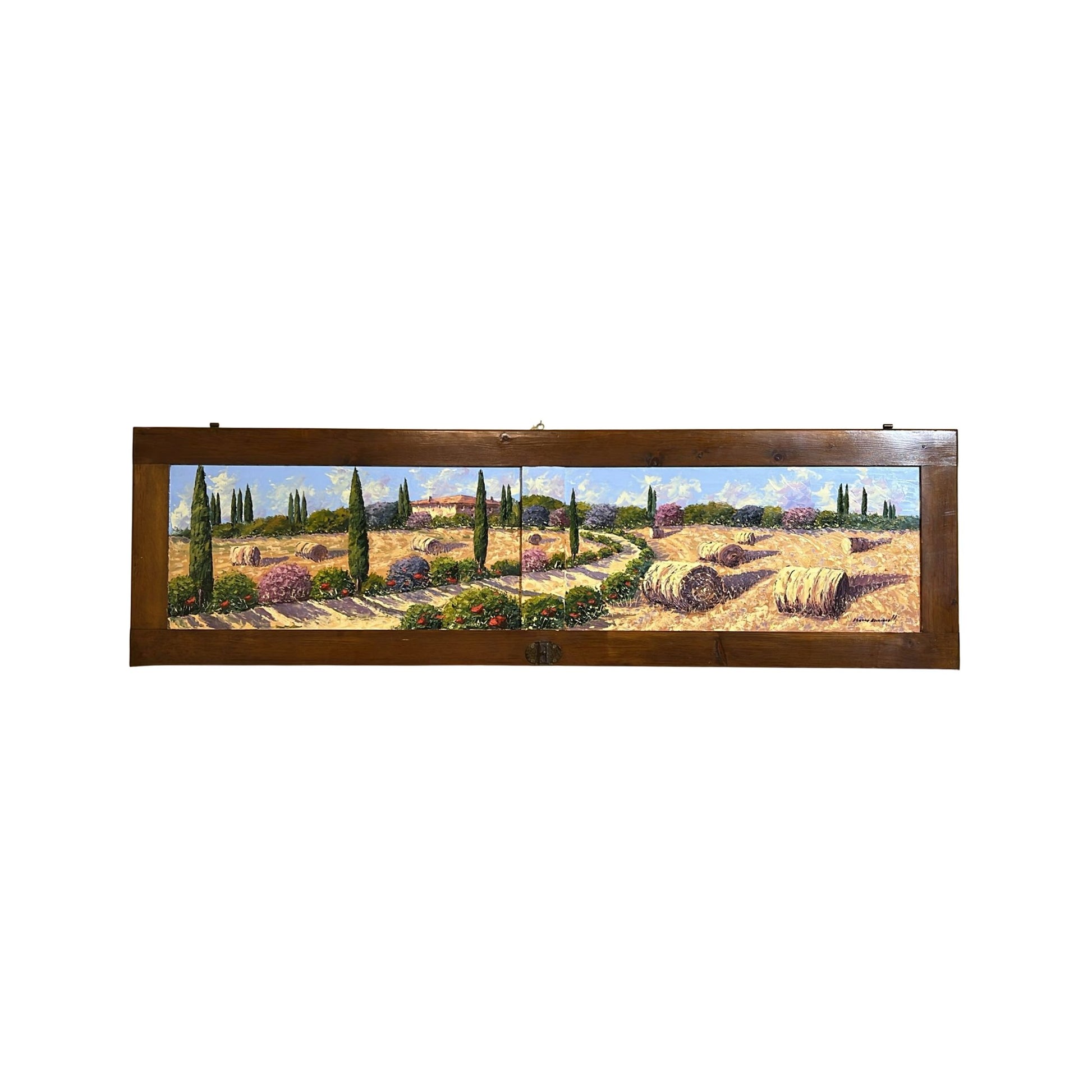 Hand-painted on wooden shutter depicting a Tuscan landscape with wheat