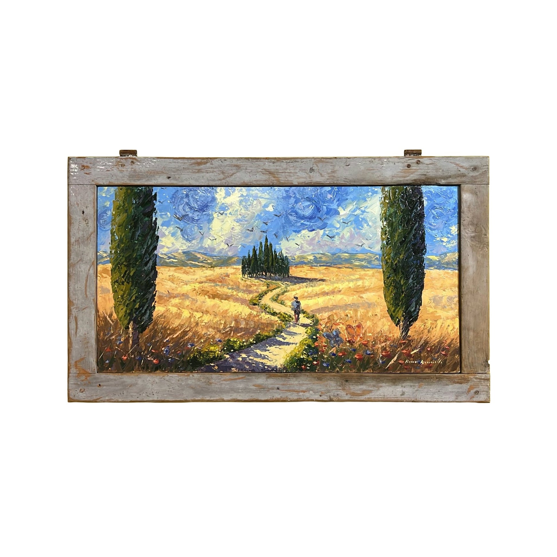 Hand-painted on wooden shutter depicting a Tuscan landscape with wheat