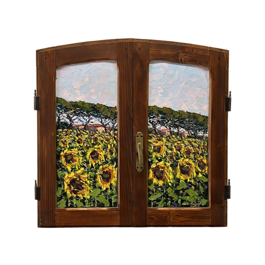 Hand-painted on authentic wooden window depicting a Tuscan landscape with Sunflowers