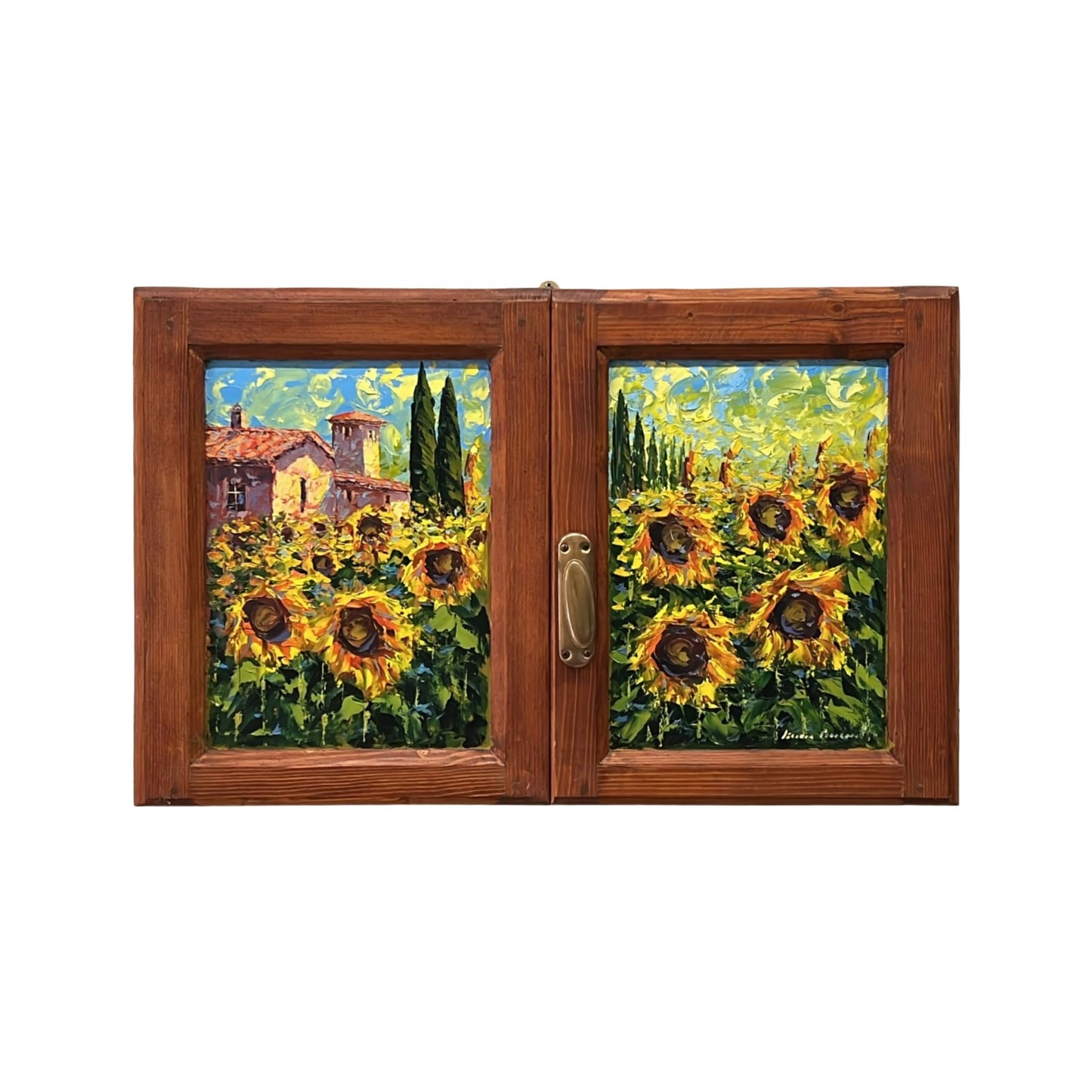 Hand-painted on authentic wooden window depicting a Tuscan landscape with Sunflowers