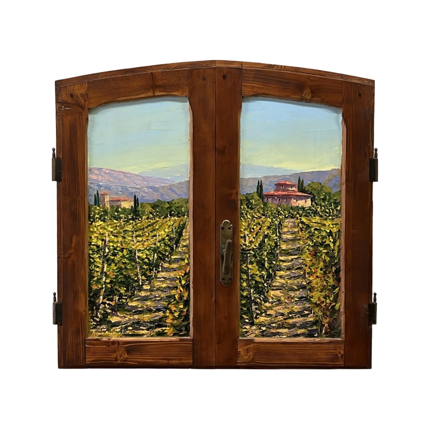 Hand-painted on authentic wooden window depicting a Tuscan landscape with Vineyards