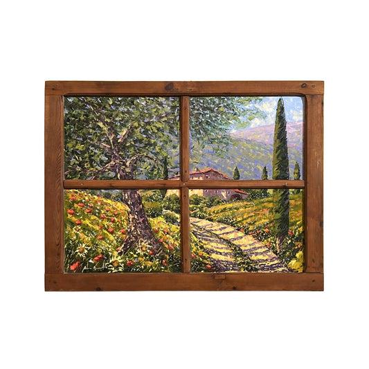 Hand-painted on authentic wooden window depicting a Tuscan landscape with Country Road