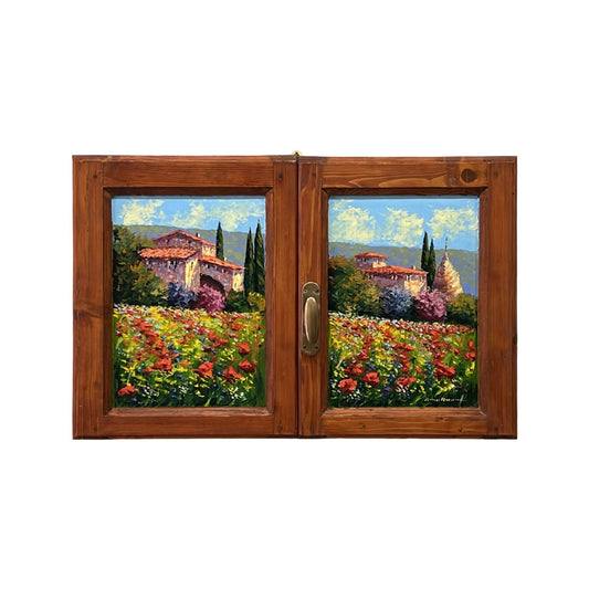 Hand-painted on authentic wooden window depicting a Tuscan landscape with Flowers