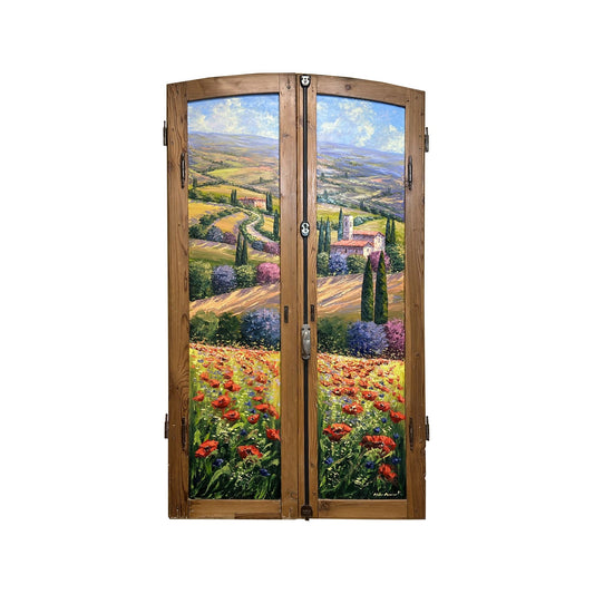 Hand-painted on authentic wooden window depicting a Tuscan landscape with flowers