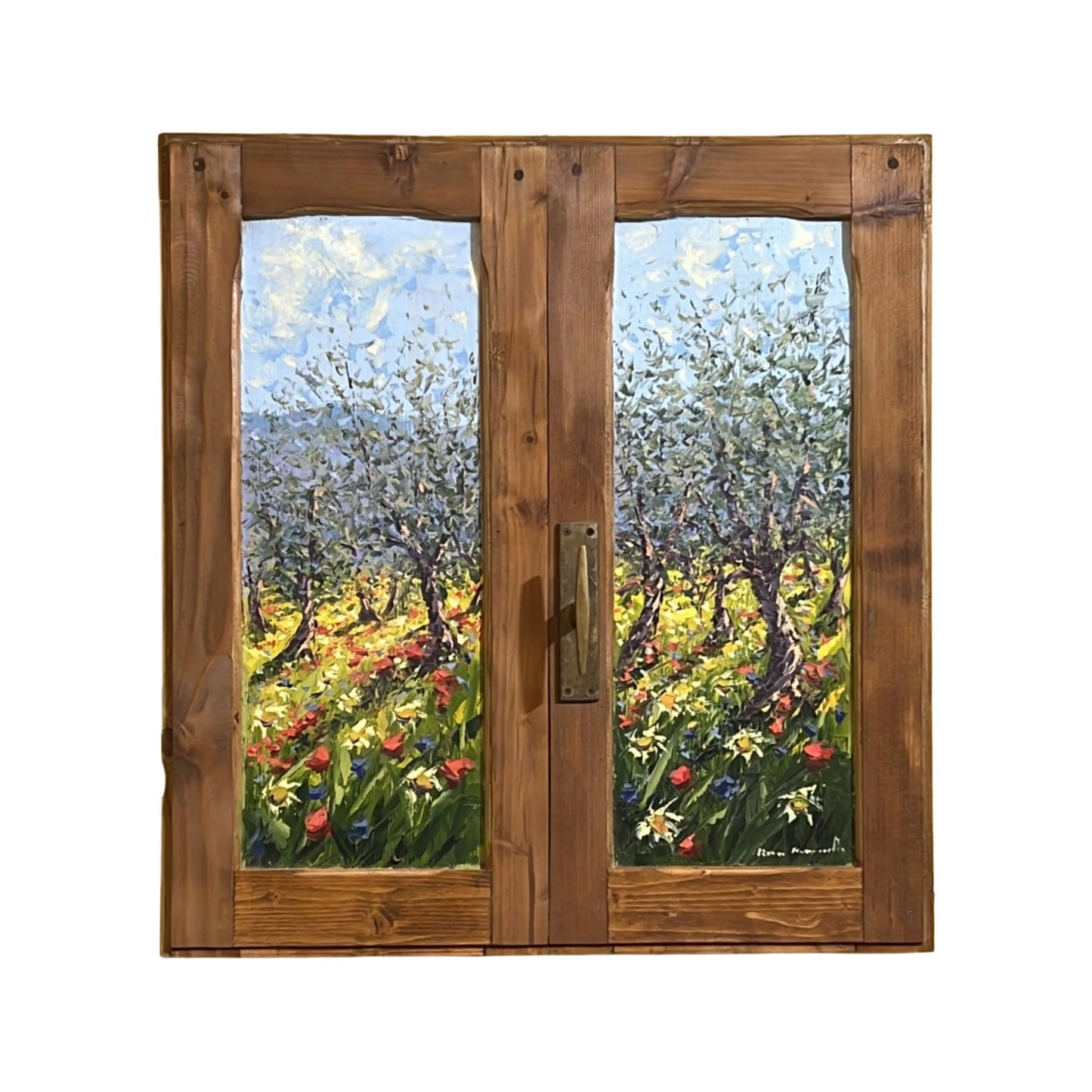 Hand-painted on authentic wooden window depicting a Tuscan landscape with Olive Trees