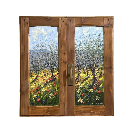 Hand-painted on authentic wooden window depicting a Tuscan landscape with Olive Trees
