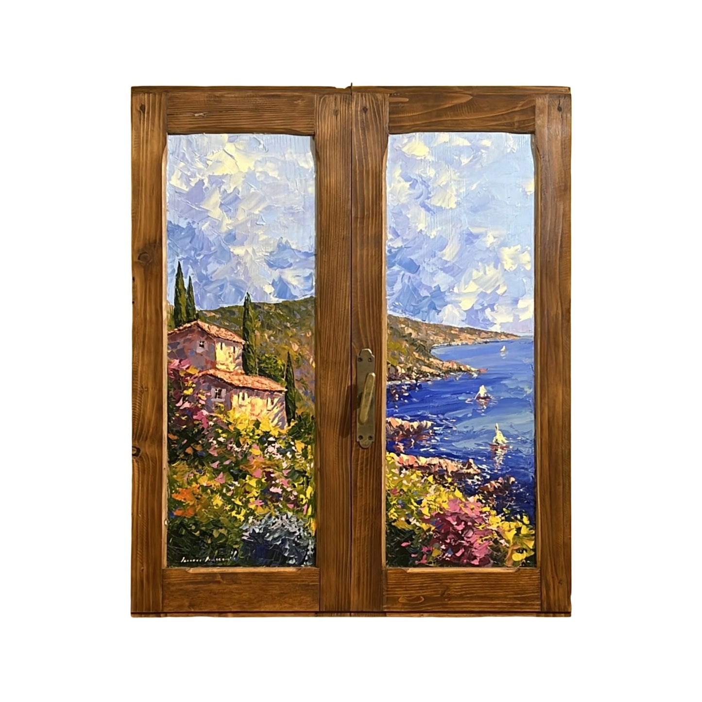 Hand-painted on authentic wooden window depicting a Tuscan landscape with Sea
