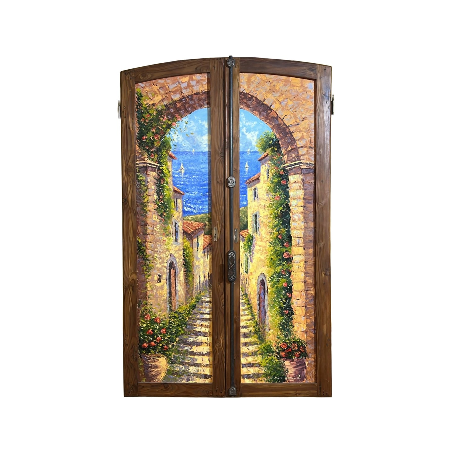 Hand-painted on authentic wooden window depicting a Tuscan landscape with Sea