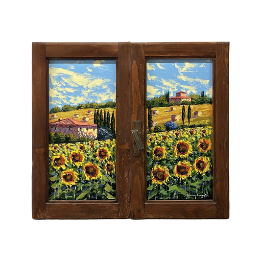 Hand-painted on authentic wooden window depicting a Tuscan landscape with Sunflowers