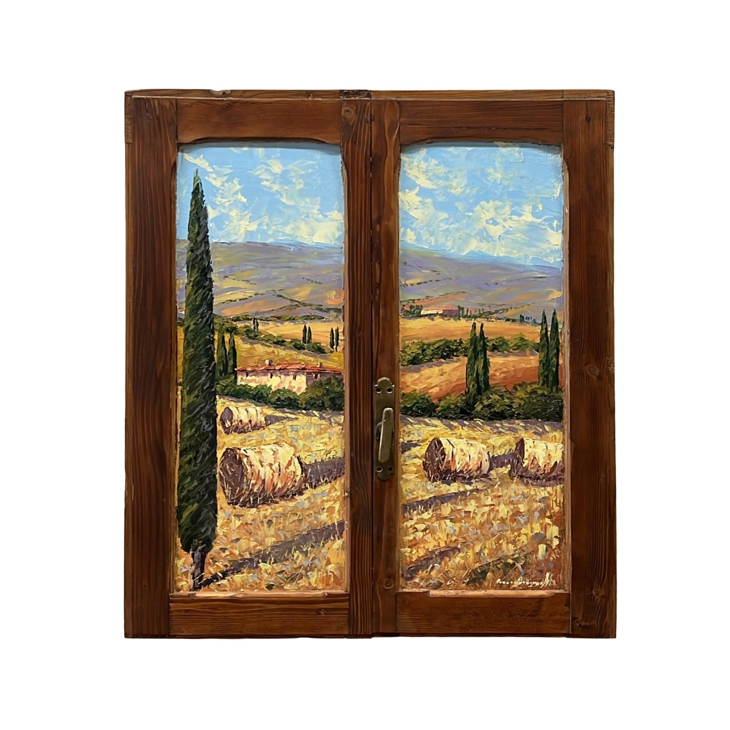 Hand-painted on authentic wooden window depicting a Tuscan landscape with Wheat