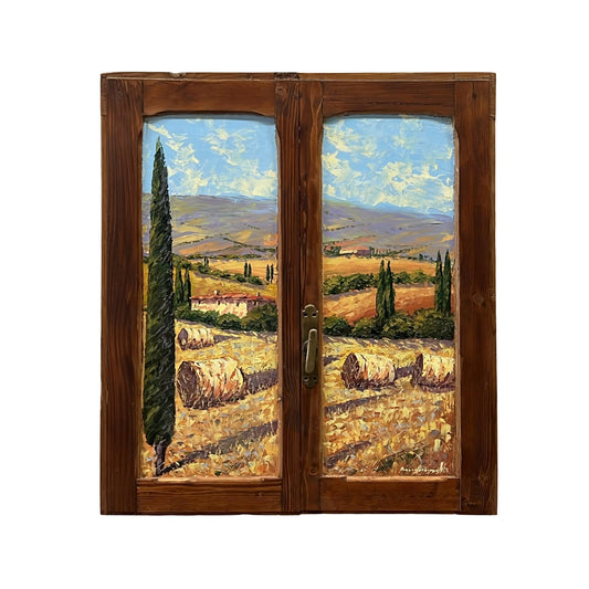 Hand-painted on authentic wooden window depicting a Tuscan landscape with Wheat