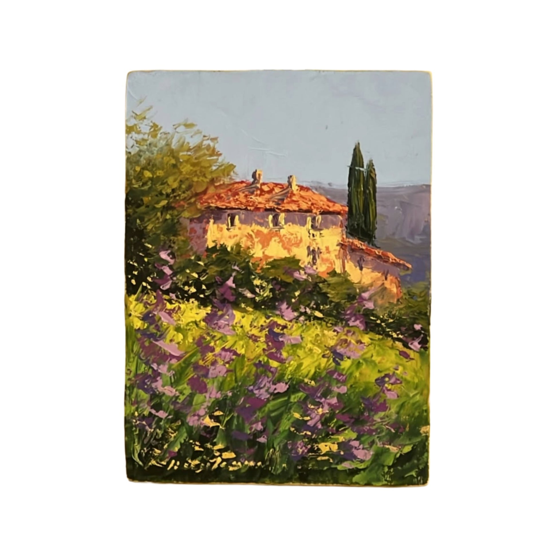 Hand-painted on wooden panel depicting a Tuscan landscape with Lavander