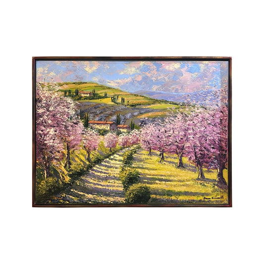 Hand-painted Tuscan Landscape on Canvas - Peach Trees in Bloom - 80x60cm