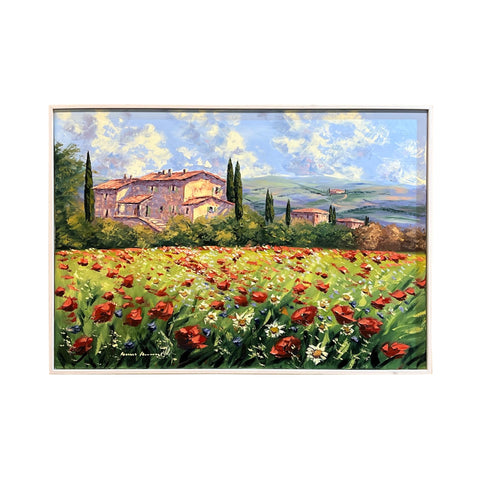 Painted on Canvas | Tuscan Landscape | Poppies | 103x72cm