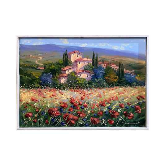 Painted on Canvas | Tuscan Landscape | Poppies | 70x50cm