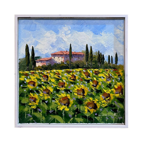 Painted on Canvas | Tuscan Landscape | Sunflowers | 41x41cm 