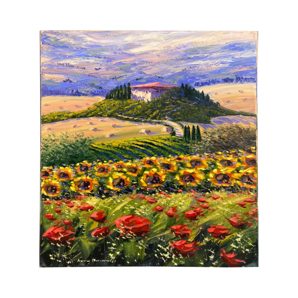 Painted on Canvas | Tuscan Landscape | Poppies | 51x70cm