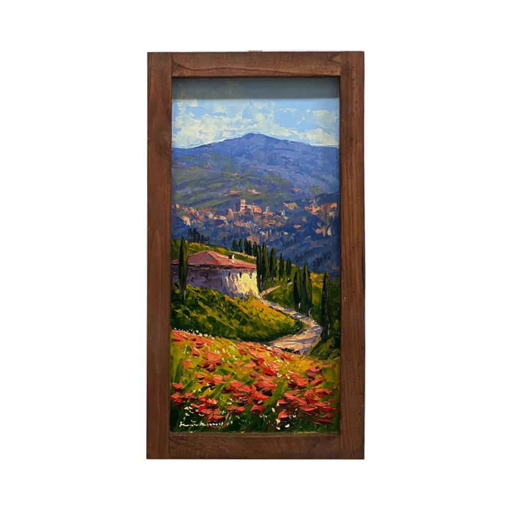 Painted on Wood | Tuscan Landscape | Poppies | 26x50cm