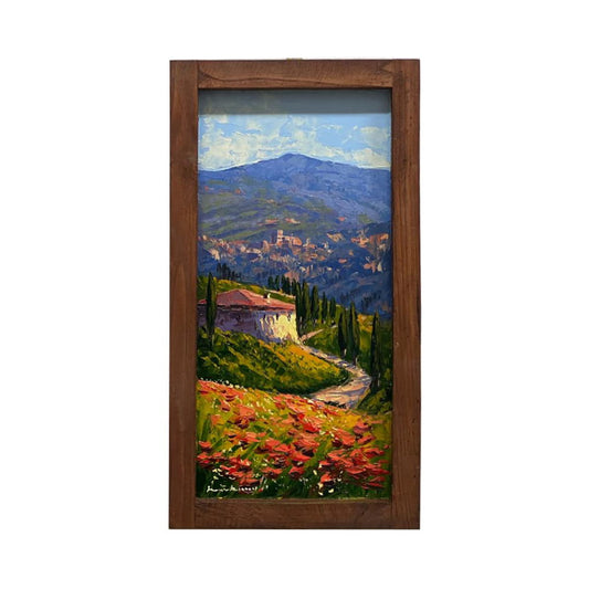 Painted on Wood | Tuscan Landscape | Poppies | 26x50cm