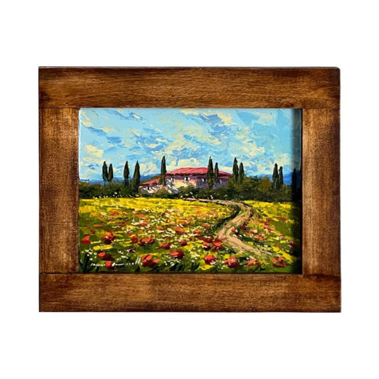 Painted on Wood | Tuscan Landscape | Poppies | 37x30cm