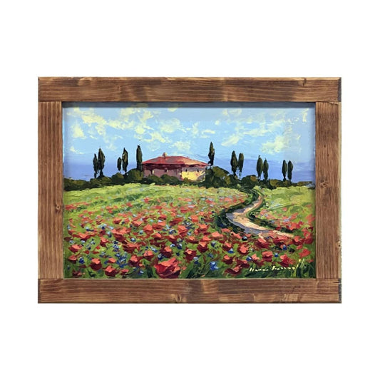 Painted on Wood | Tuscan Landscape | Poppies | 39x30cm