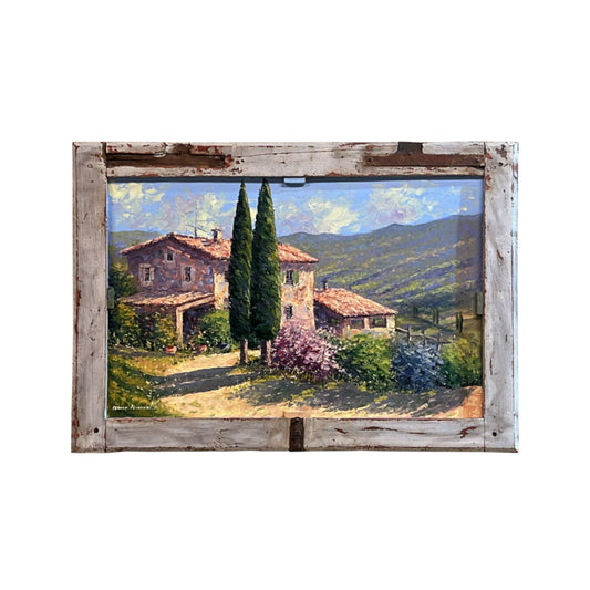 Hand-painted Tuscan Landscape on Wooden Shutter - Country House - 75x53cm