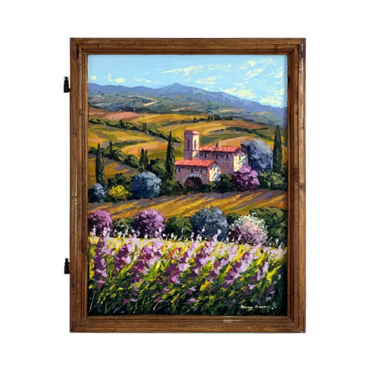Hand-painted Tuscan Landscape on Wooden Shutter - Lavander - 53x70cm