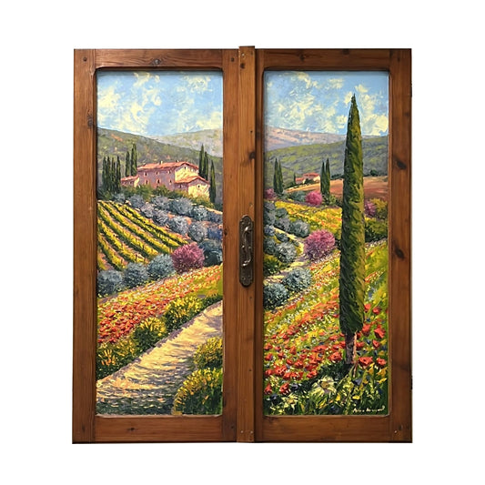 Painted on Wooden Window | Tuscan Landscape | Flowers | 87x102cm