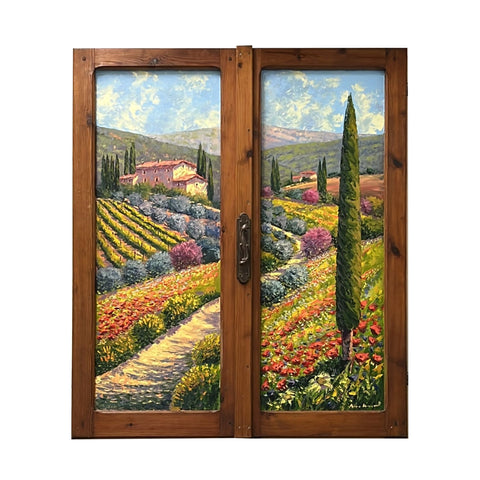 Painted on Wooden Window | Tuscan Landscape | Flowers | 87x102cm