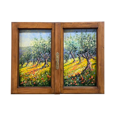 Painted on Wooden Window | Tuscan Landscape | Olive Trees | 80x63cm