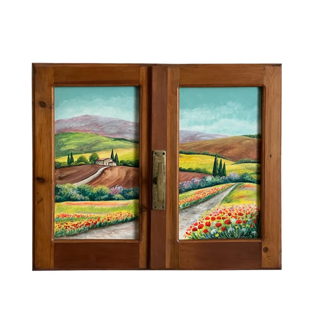 Painted on Wooden Window | Tuscan Landscape | Poppies | 65x54cm
