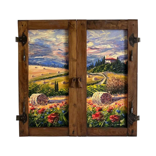 Painted on Wooden Window | Tuscan Landscape | Poppies | 73x73cm
