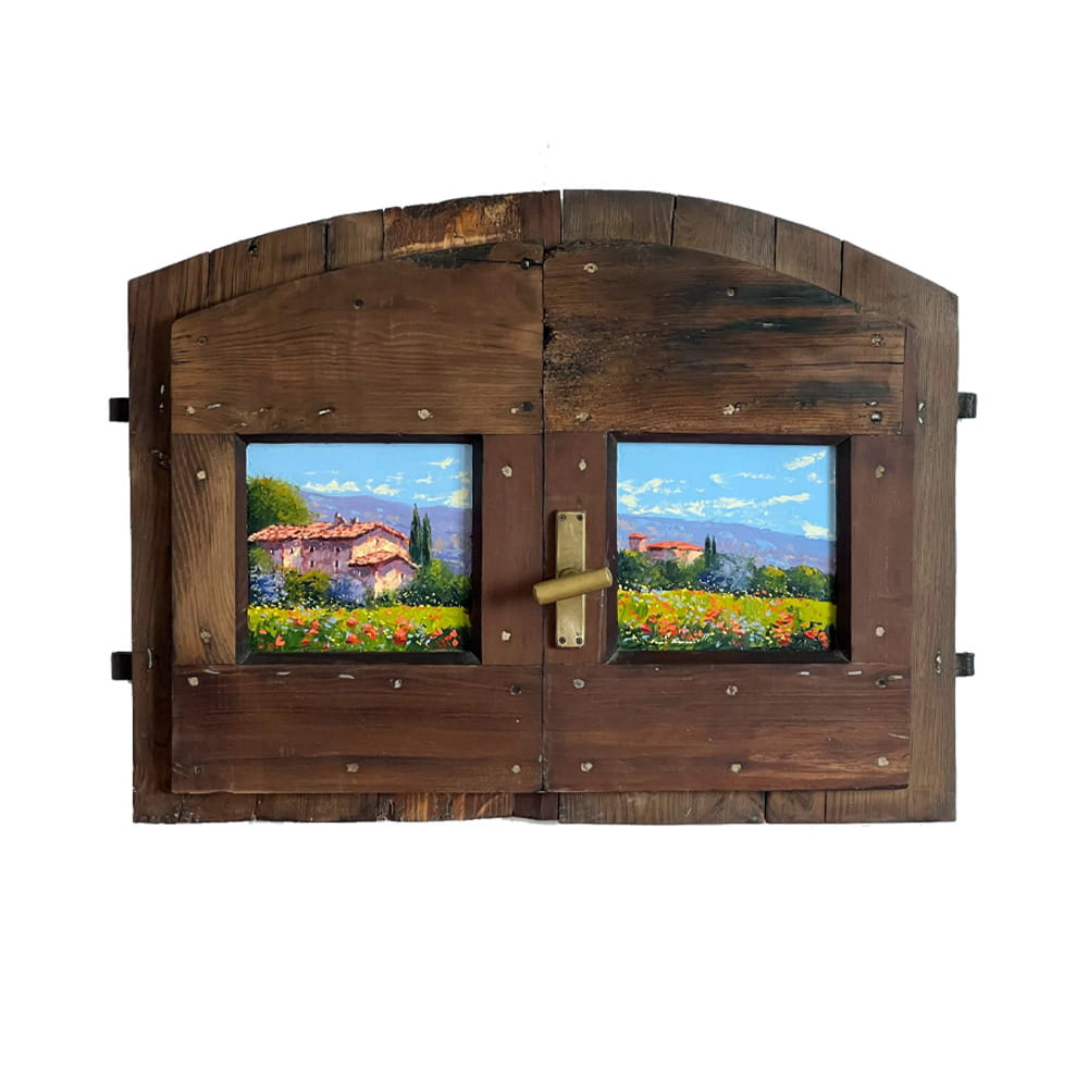 Painted on Wooden Window | Tuscan Landscape | Poppies | 90x69cm