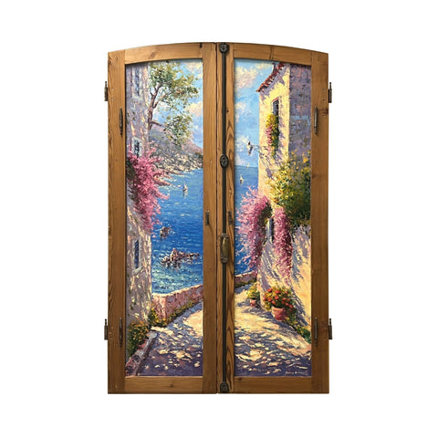 Painted on Wooden Window | Tuscan Landscape | Sea | 91x148cm