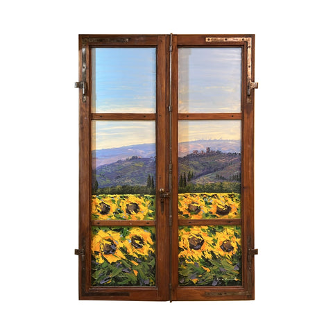 Painted on Wooden Window | Tuscan Landscape | Sunflowers | 92x139cm