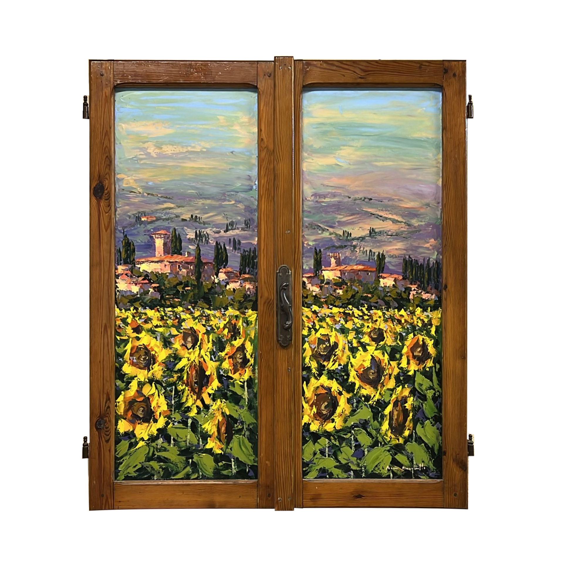 Painted on Wooden Window | Tuscan Landscape | Sunflowers | 87x102cm