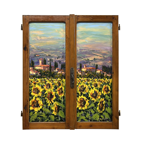 Painted on Wooden Window | Tuscan Landscape | Sunflowers | 87x102cm