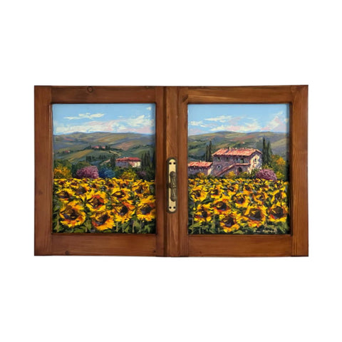 Painted on Wooden Window | Tuscan Landscape | Sunflowers | 92x55cm